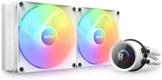 NZXT Kraken 240 RGB White AIO Liquid CPU Cooler with 1.54″ LCD Display & ARGB Fans – 240 mm All-in-One Cooling System, Dual F120 RGB Core PWM Fans (500–1800 RPM, ~78.86 CFM), Asetek Pump, Aluminum Radiator (275x123x30 mm), Reinforced Sleeved Tubing, CAM Customization & RGB Controller Included, Intel/AMD Socket Support