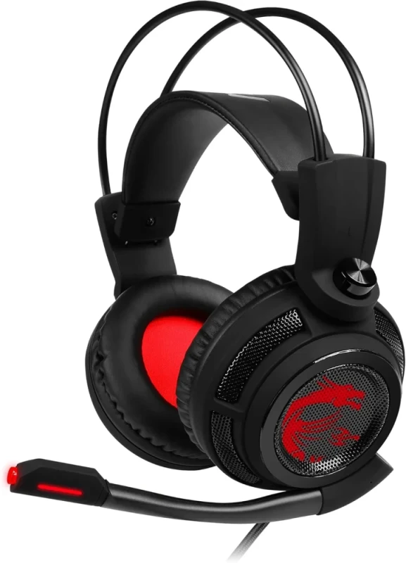 MSI DS502 Gaming Headset – USB Wired Gaming Headphones with Virtual 7.1 Surround Sound, 40mm Drivers, 20Hz–20kHz Frequency Response, Omnidirectional Boom Microphone, Inline Smart Audio Controller, LED Ear Cups, Self-Adjusting Headband for PC - Featured Image