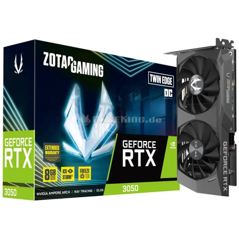 Zotac GAMING GeForce RTX 3050 Twin Edge OC 8GB GDDR6 Graphics Card, Dual-Fan IceStorm 2.0 Cooling, 1807MHz Boost Clock, 128-bit, PCIe 4.0 x8, HDMI 2.1, 3x DisplayPort 1.4a, Metal Backplate, 224mm Dual-Slot Black/Silver GPU - Featured Image