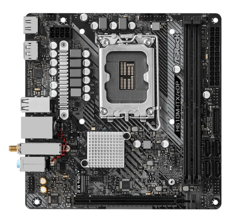 ASRock H610M-ITX/eDP Mini-ITX Motherboard, Intel H610 Chipset, LGA1700 for 14th/13th/12th Gen CPUs, 2x DDR4-3200, PCIe 4.0 x16, HDMI + DisplayPort, Realtek ALC897 7.1 HD Audio, Intel Gigabit LAN, 802.11ac Wi-Fi + Bluetooth 5.1, 4x SATA3 & Ultra M.2 Slot - Featured Image