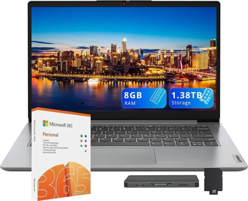 Lenovo IdeaPad 1i 14″ HD Laptop – Intel Celeron N4500 14″ HD (1366x768) Display, 8GB DDR4 RAM, 1.38TB Storage (128GB eMMC + 256GB SSD + 1TB Docking), Intel UHD Graphics, Dolby Audio, Wi-Fi, Bluetooth, HD Webcam, Windows 11 Pro, Gray - Featured Image