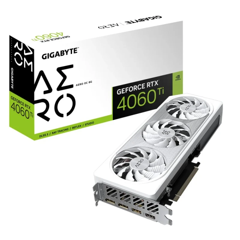 Gigabyte AERO OC GeForce RTX 4060 Ti 8GB White Graphics Card – WINDFORCE 3X Triple-Fan Cooling, Ada Lovelace Architecture, Boost Clock up to 2580MHz, 8GB GDDR6 128-bit, PCIe 4.0 x8, 2x HDMI 2.1a + 2x DisplayPort 1.4a, RGB Fusion, 281mm 2.5-Slot GPU - Featured Image