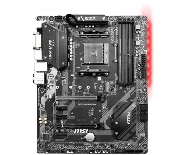 MSI B450 TOMAHAWK MAX ATX Motherboard – AMD AM4 Socket, Supports Ryzen 3000/2000/1000 Series, DDR4 Memory up to 4133MHz (OC), 6x SATA 6Gb/s, 1x M.2 Slot, USB 3.2 Gen2, HDMI/DVI, Realtek 8111H LAN, Military Class Components - Featured Image