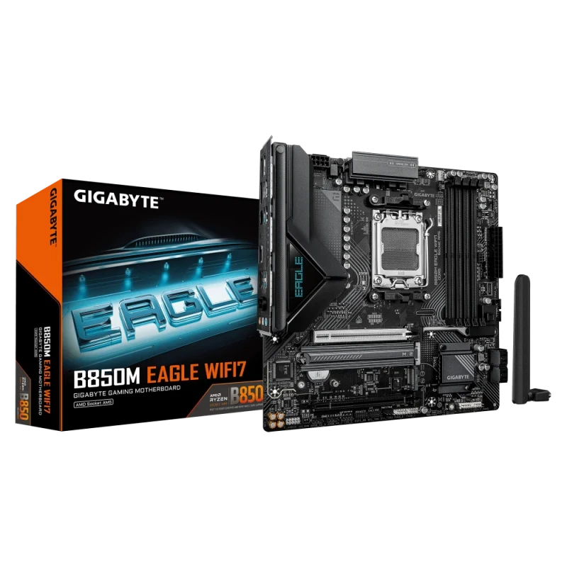 Gigabyte B850M EAGLE WiFi7 AM5 Micro-ATX Motherboard – AMD B850 Chipset, DDR5-8200(OC) Support, AM5 Socket for Ryzen 7000/8000/9000 Series, PCIe 5.0 x16 + PCIe 3.0 x16, 2x M.2 Slots with Thermal Guard, Wi-Fi 7 & 2.5 GbE LAN, USB 3.2 Gen2 Type-C, Dual DisplayPorts + HDMI, Smart Fan 6 - Featured Image