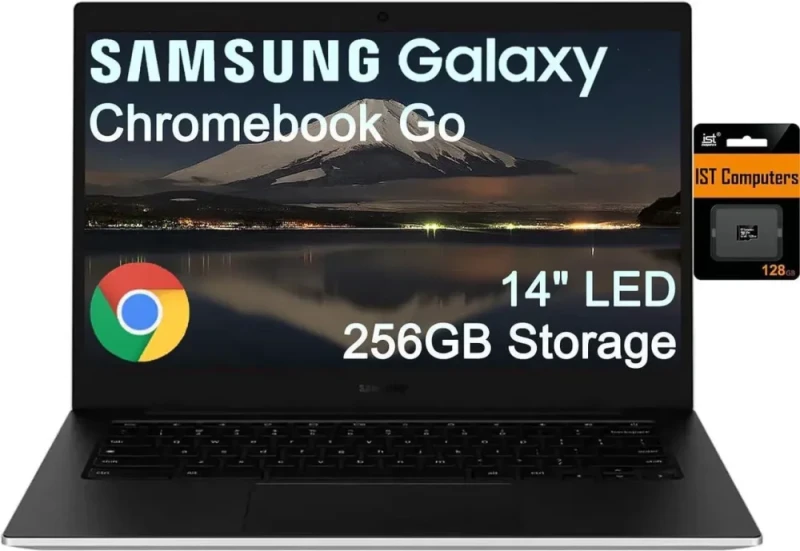 SAMSUNG Galaxy Chromebook Go 14" LED Laptop – 14" HD (1366x768) Display, Intel Celeron N4500 Dual-Core, 256GB Storage (128GB eMMC + 128GB microSD), 4GB RAM, Intel UHD Graphics, Chrome OS, Wi-Fi 6, Bluetooth 5.1, Spill-Resistant Keyboard, 12-Hour Battery, HD Webcam, Silver - Featured Image