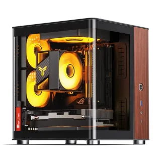 Jonsbo TK-0 Black Mini-ITX Mini-Tower PC Case – Tempered Glass & Walnut Wood Accents, 230 mm GPU Clearance, 135 mm CPU Cooler Height, SFX PSU Support up to 160 mm, USB-C + USB 3.0 Front I/O, Dual-Chamber Compact Showcase Gaming Case