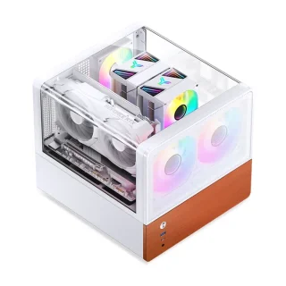 Jonsbo V12 White Micro-ATX Mini-Tower PC Case – Three-Sided Tempered Glass & Walnut Trim, mATX/ITX Support, 260 mm GPU Clearance, 145 mm CPU Cooler Height, 3x 2.5"/3.5" Drive Bays, 2x 120 mm Fans Included, USB-C + USB 3.0 + Audio Front I/O, Compact Showcase Gaming Case