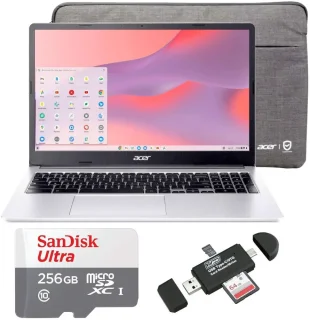 Acer Chromebook 315 15.6″ Laptop – Intel Celeron N4500 Dual-Core (up to 2.8 GHz), 4GB RAM, 64GB eMMC Storage, Intel UHD Graphics, 15.6″ FHD (1920x1080) IPS Display, Wi-Fi 6, Bluetooth, USB-C & USB-A Ports, microSD Reader, ChromeOS (Pure Silver) + SanDisk 256GB MicroSD + Memory Card Reader