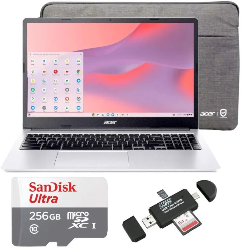 Acer Chromebook 315 15.6″ Laptop – Intel Celeron N4500 Dual-Core (up to 2.8 GHz), 4GB RAM, 64GB eMMC Storage, Intel UHD Graphics, 15.6″ FHD (1920x1080) IPS Display, Wi-Fi 6, Bluetooth, USB-C & USB-A Ports, microSD Reader, ChromeOS (Pure Silver) + SanDisk 256GB MicroSD + Memory Card Reader - Featured Image