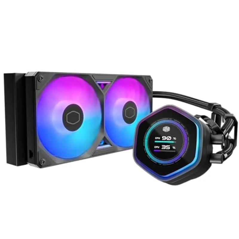 Cooler Master MasterLiquid Atmos II LCD 240 mm AIO CPU Water Cooler – Dual SickleFlow Edge ARGB Fans 690–2500 RPM, Black, Integrated 2.1″ LCD Display, Ultra-Low Profile Dual-Chamber Pump, PWM Control, Aluminum Radiator, Intel LGA & AMD AM5/AM4 Support (MLX-D24M-A25SZ-L1) - Featured Image