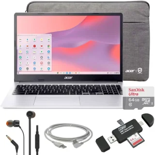 Acer Chromebook 315 15.6" Laptop Intel N4500 4GB 64GB eMMC Pure Silver + JBL T110 Earphones + 10ft USB Cable + 64GB MicroSD