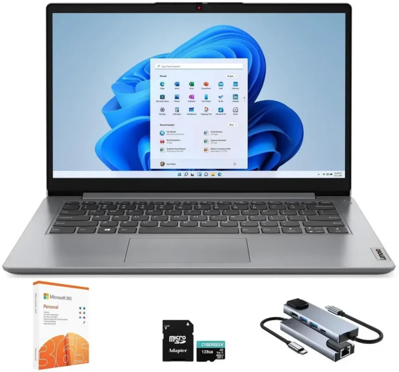 Lenovo IdeaPad 1 1i 14" Laptop with 1-year Microsoft 365, Intel Processor, 4GB RAM, 128GB eMMC + 128GB SSD, SD Card Reader, Privacy Camera, 11 hrs Long Battery Life, with Accessories, Win 11 Home - Featured Image