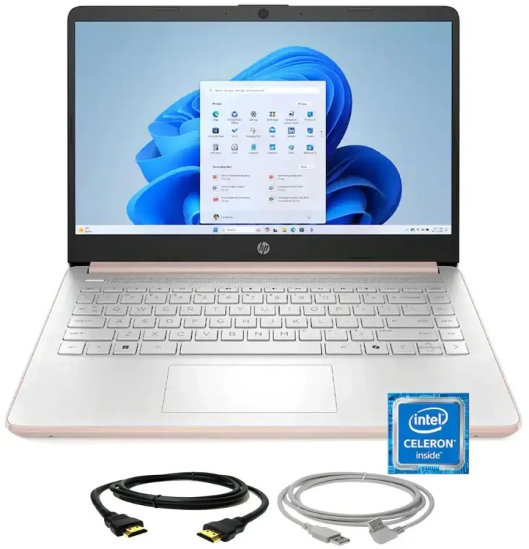HP 14" Laptop - Intel Celeron N4500 2021 - 4GB Memory - 64GB eMMC - Pale Rose Gold with 10FT USB 2.0 Type A Male To B Male Cable and 6ft HDMI Cable - Featured Image