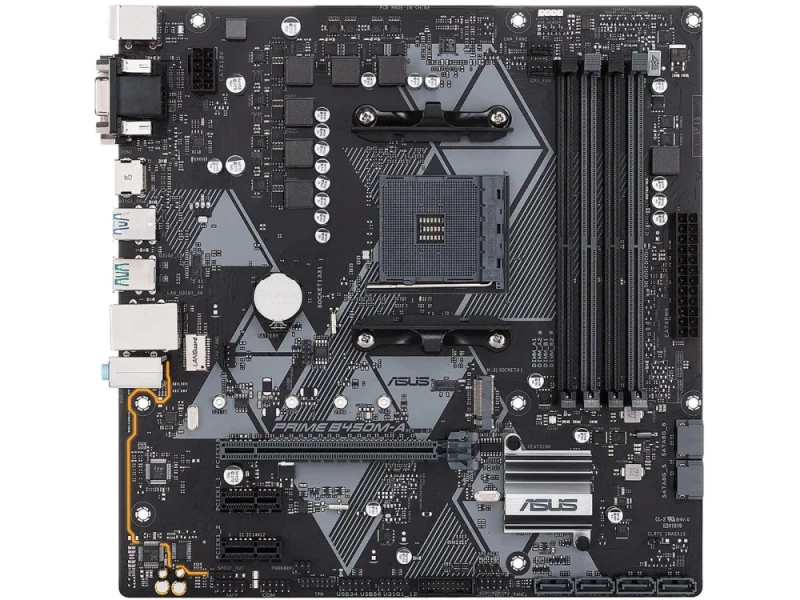 ASUS PRIME B450M-A/CSM – AMD AM4 mATX Motherboard, B450 Chipset, DDR4 4400(O.C.)/3200/3000/2800/2666/2400/2133 MHz Support, 4x DIMM, 1x M.2 & 6x SATA 6Gb/s, PCIe 3.0 x16, HDMI 2.0b, DVI-D, D-Sub, USB 3.1 Gen2 & Gen1, Gigabit LAN, Aura Sync RGB Header, 5X Protection III - Featured Image