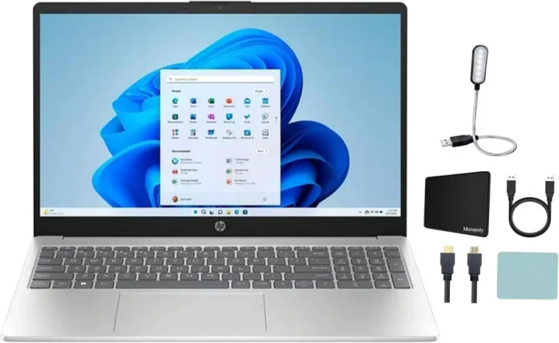 HP 15.6" HD Display, Intel Processor N200 (Pentium), 1.1 GHz, 4GB RAM, 128GB UFS, Numeric Keypad, Windows 11 Home, One Year Microsoft 365 Included, Bluetooth, Wi-Fi 6, Silver + Mazepoly Accessories - Featured Image