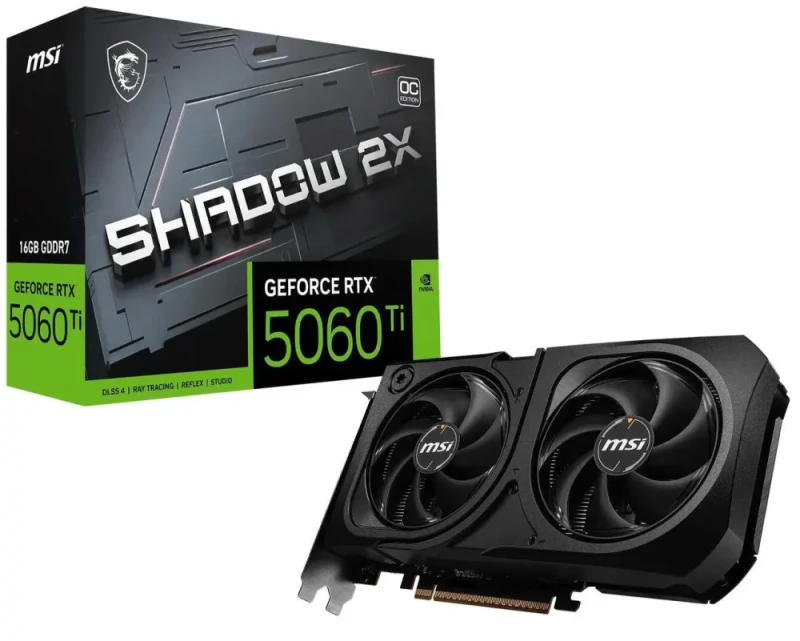 MSI SHADOW 2X OC PLUS GeForce RTX 5060 Ti 16GB – NVIDIA Next-Gen GPU, 16GB GDDR6, Boost Clock up to 2650 MHz, Dual-Fan SHADOW Cooling, Factory Overclock, Ray Tracing & DLSS, PCIe 4.0, HDMI/DP Outputs, 226 mm - Featured Image