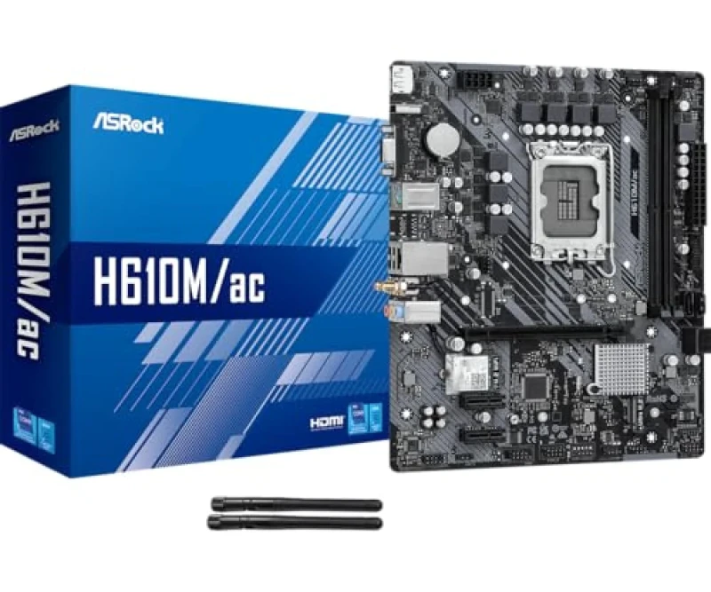 ASRock H610M/ac Intel H610 LGA1700 Micro ATX Motherboard - Supports 12th/13th/14th Gen Intel Core CPUs, DDR4 up to 3200MHz, PCIe 4.0 x16 Slot, 1x M.2 PCIe Gen3 x4 Slot, Realtek ALC897 Audio, Intel Gigabit LAN, HDMI/DisplayPort/D-Sub Outputs, Built-in Intel 802.11ac WiFi + Bluetooth, Black - Featured Image