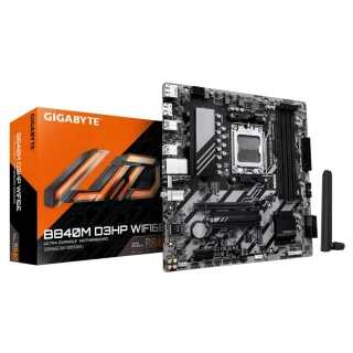 GIGABYTE B840M D3HP WIFI6E AM5 Micro-ATX Motherboard - AMD B840 Chipset, Supports Ryzen 9000/8000/7000 Series CPUs, DDR5 up to 8200MHz (OC), 4x DIMM Slots, PCIe 4.0 x16 Slot, 2x M.2 PCIe 4.0 Slots, WiFi 6E + Bluetooth 5.3, GbE LAN, HDMI/DisplayPort, Smart Fan 6, RGB Fusion, Black