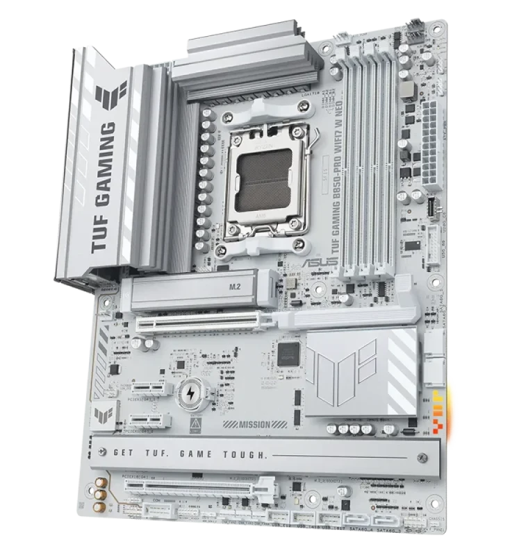 ASUS TUF GAMING B850-PRO WIFI7 W NEO AM5 ATX Motherboard - AMD B850 Chipset, Supports Ryzen 9000/8000/7000 Series CPUs, DDR5 up to 9000MHz (OC), PCIe 5.0 x16 SafeSlot, 3x M.2 Slots (1x PCIe 5.0 + 2x PCIe 4.0), WiFi 7 + Bluetooth 5.4, 2.5Gb Ethernet, USB 20Gbps Type-C, Aura Sync RGB, White TUF Design - Featured Image
