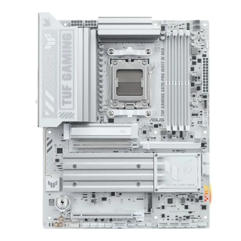ASUS TUF GAMING X870-PRO WIFI7 W NEO AMD X870 ATX Motherboard - AM5 Socket, Supports Ryzen 9000/8000/7000 Series CPUs, DDR5 up to 8600MHz+ OC, PCIe 5.0 x16 SafeSlot, 4x M.2 Slots (2x PCIe 5.0 + 2x PCIe 4.0), WiFi 7 + Bluetooth 5.4, 5Gb Ethernet, USB4 40Gbps Type-C, Front USB 20Gbps with PD Fast Charge, Aura Sync RGB, Black/White TUF Design - Featured Image
