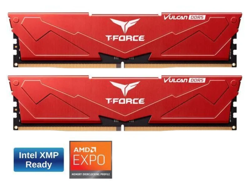 TEAMGROUP T-Force Vulcan 16 GB - 2 x 8GB, DDR5 288-pin DIMM, 5200MT/s, CL40, Red color - Featured Image