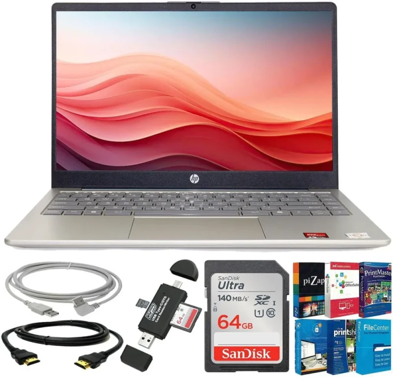 HP 14" HD Windows Laptop - AMD Athlon 7120U up to 3.5GHz, 4GB LPDDR5 RAM, 128GB UFS Storage, 14" HD 1366x768 Anti-Glare Display, AMD Radeon Graphics, WiFi 6, Bluetooth 5.3, USB-C, Windows 11 Home, Moonlight Blue Essentials Bundle - Featured Image
