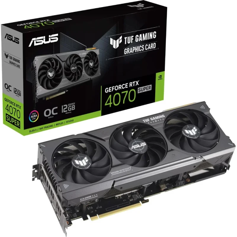 ASUS TUF GAMING OC GeForce RTX 4070 SUPER 12GB GDDR6X Graphics Card - 2565MHz Boost Clock, Triple Axial-Tech Fans, 2.5-Slot Design, PCIe 4.0 x16, DLSS 3, Ray Tracing, Dual BIOS, HDMI 2.1, 3x DisplayPort 1.4a, 301mm Length, Black - Featured Image