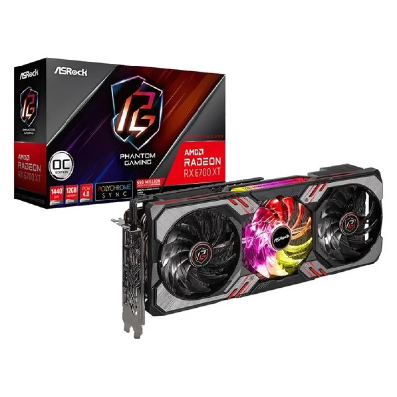 ASRock Radeon RX 6700 XT Phantom Gaming D 12GB OC Graphics Card - 12GB GDDR6, 2622MHz Boost Clock, Triple Fan Cooling, 192-bit, PCIe 4.0 x16, AMD RDNA 2, Ray Tracing, HDMI 2.1, 3x DisplayPort 1.4, 305mm Length, Silver / Black - Featured Image