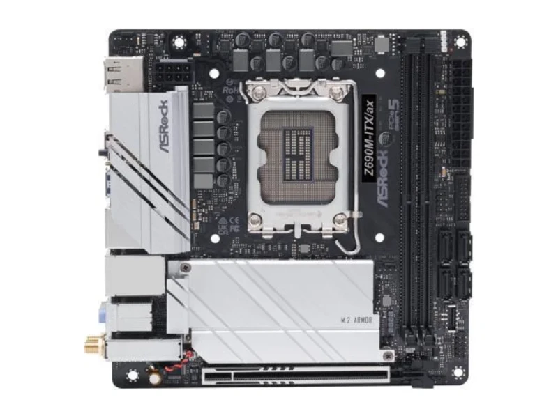 ASRock Z690M-ITX/ax Intel Z690 LGA1700 Mini-ITX Motherboard - Supports 12th/13th Gen Intel Core CPUs, DDR4 up to 5000MHz (OC), PCIe 5.0 x16, 2x M.2 PCIe 4.0 Slots, WiFi 6E + Bluetooth 5.2, 2.5Gb LAN, HDMI 2.1 + DisplayPort 1.4, USB 3.2 Gen2x2 Type-C, Mini ITX - Featured Image