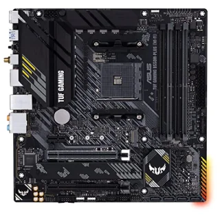 ASUS TUF GAMING B550M-PLUS (WI-FI) AM4 Micro-ATX Motherboard - AMD B550 Chipset, Supports Ryzen 5000/4000/3000 Series CPUs, DDR4 up to 4866MHz (OC), PCIe 4.0 x16 SafeSlot, 2x M.2 Slots (PCIe 4.0/3.0), WiFi 5 + Bluetooth 5.1, 2.5Gb Ethernet, HDMI 2.1, USB 3.2 Gen2 Type-C, Aura Sync RGB