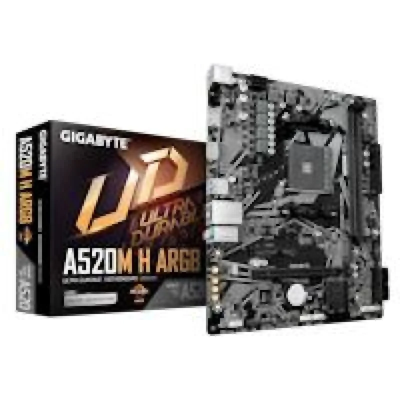 GIGABYTE A520M H ARGB AMD A520 AM4 Micro-ATX Motherboard - Supports Ryzen 5000/4000G/3000 Series CPUs, DDR4 up to 4733MHz (OC), PCIe 3.0 x16 Slot, 1x M.2 PCIe 3.0 Slot, Realtek Gigabit LAN, HDMI + D-Sub Outputs, ARGB/RGB Fusion Lighting Support, Ultra Durable Design, Micro-ATX, Black - Featured Image