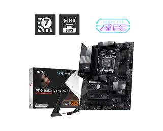 MSI PRO B850-V EVO WIFI AM5 ATX Motherboard - AMD B850 Chipset, Supports Ryzen 9000/8000/7000 Series CPUs, DDR5 up to 8400+ MHz (OC), PCIe 4.0 x16 Slot, 2x M.2 PCIe 4.0 Slots, WiFi 6E + Bluetooth 5.3, 2.5Gb LAN, HDMI + DisplayPort, USB 3.2 Gen2 Type-C, MSI PRO Series, Black