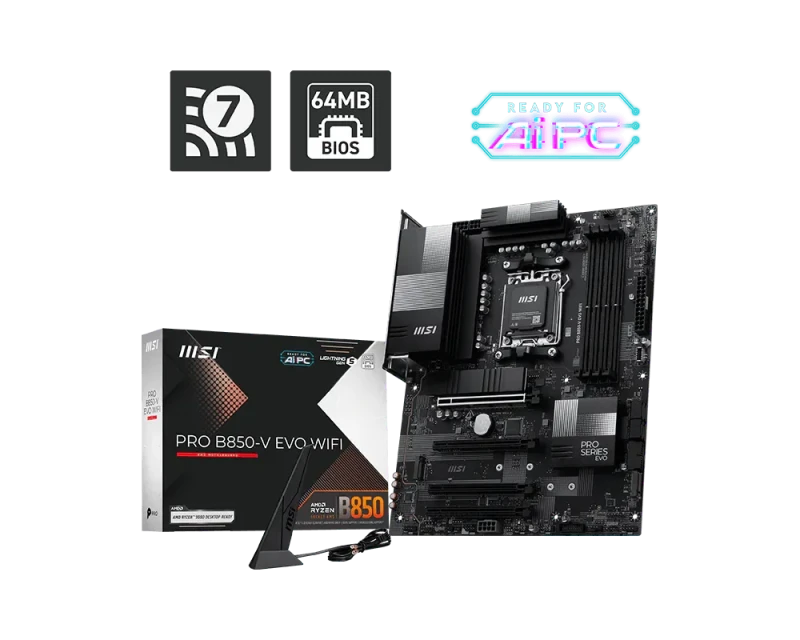 MSI PRO B850-V EVO WIFI AM5 ATX Motherboard - AMD B850 Chipset, Supports Ryzen 9000/8000/7000 Series CPUs, DDR5 up to 8400+ MHz (OC), PCIe 4.0 x16 Slot, 2x M.2 PCIe 4.0 Slots, WiFi 6E + Bluetooth 5.3, 2.5Gb LAN, HDMI + DisplayPort, USB 3.2 Gen2 Type-C, MSI PRO Series, Black - Featured Image