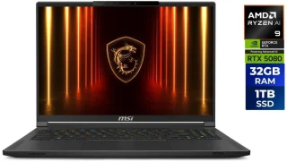 MSI Stealth A16 AI+ A3HWIG-073US 16" QHD+ 240Hz Gaming Laptop - AMD Ryzen AI 9 365 up to 5.0GHz, GeForce RTX 5080 Laptop GPU 16GB, 32GB LPDDR5x, 1TB PCIe NVMe SSD, 2560x1600 IPS Display, WiFi 7, Thunderbolt 4, RGB Keyboard, Windows 11 Home