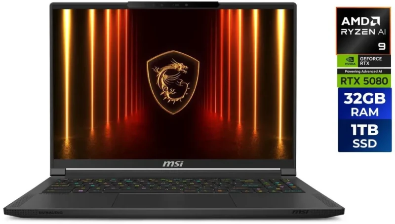 MSI Stealth A16 AI+ A3HWIG-073US 16" QHD+ 240Hz Gaming Laptop - AMD Ryzen AI 9 365 up to 5.0GHz, GeForce RTX 5080 Laptop GPU 16GB, 32GB LPDDR5x, 1TB PCIe NVMe SSD, 2560x1600 IPS Display, WiFi 7, Thunderbolt 4, RGB Keyboard, Windows 11 Home - Featured Image