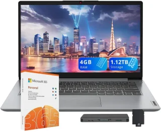 Lenovo IdeaPad 1i 14" HD Laptop - Intel Celeron N4500 up to 2.8GHz, 4GB RAM, 128GB eMMC + 1TB External Dock Storage Bundle (1.128TB Total), 14" HD Anti-Glare Display, Intel UHD Graphics, WiFi, Dolby Audio, Windows 11 Pro, Gray, Includes 1 Year Microsoft Office 365