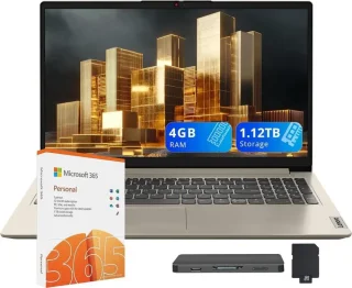 Lenovo IdeaPad 1 15.6" HD Laptop - Intel Celeron N4500 up to 2.8GHz, 4GB RAM, 128GB eMMC + 1TB External Dock Storage Bundle (1.128TB Total Storage), 15.6" HD Anti-Glare Display, Intel UHD Graphics, WiFi, Numeric Keypad, Windows 11, Sand, Includes 1 Year Microsoft Office 365
