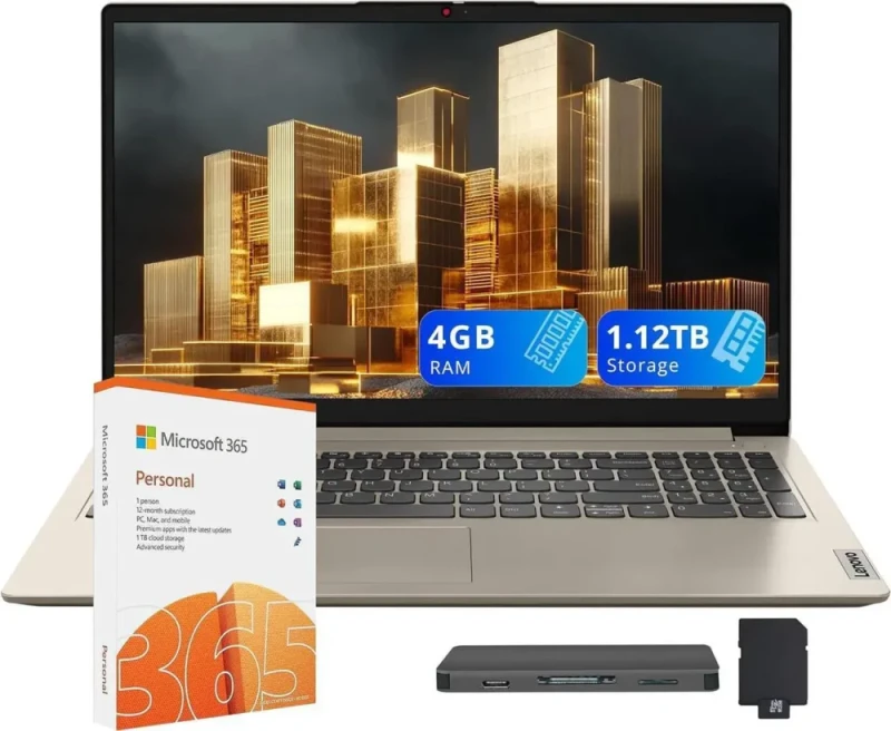 Lenovo IdeaPad 1 15.6" HD Laptop - Intel Celeron N4500 up to 2.8GHz, 4GB RAM, 128GB eMMC + 1TB External Dock Storage Bundle (1.128TB Total Storage), 15.6" HD Anti-Glare Display, Intel UHD Graphics, WiFi, Numeric Keypad, Windows 11, Sand, Includes 1 Year Microsoft Office 365 - Featured Image