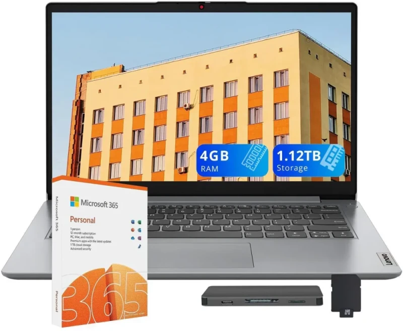 Lenovo IdeaPad 1i 14" HD Laptop - Intel Celeron N4500 up to 2.8GHz, 4GB RAM, 128GB eMMC + 1TB Docking Station Bundle (1.128TB Total Storage), 14" HD Anti-Glare Display, Intel UHD Graphics, WiFi, Dolby Audio, Windows 11, Gray, Includes 1 Year Microsoft Office 365 - Featured Image