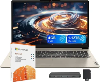 Lenovo IdeaPad 1 15.6" HD Laptop - Intel Celeron N4500 up to 2.8GHz, 4GB RAM, 128GB eMMC + 1TB External Dock Storage Bundle (1.128TB Total Storage), 15.6" HD Anti-Glare Display, Intel UHD Graphics, WiFi, Numeric Keypad, Windows 11 Pro, Sand, Includes 1 Year Microsoft Office 365