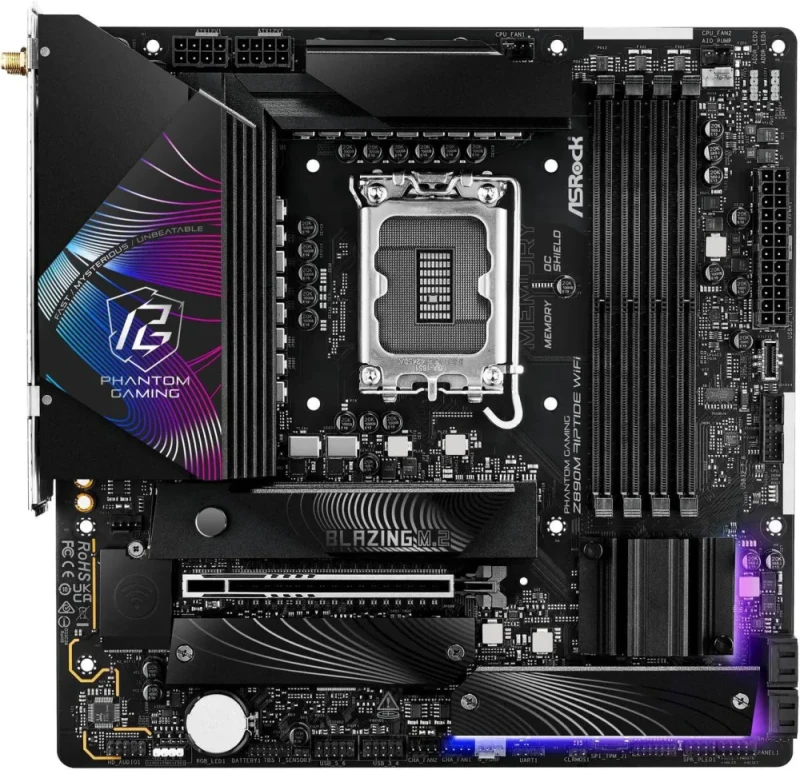 ASRock Z890M Riptide WiFi Micro-ATX Motherboard – Intel Z890 Chipset for LGA1851 Core Ultra CPUs, 4x DDR5 Slots up to 9466 MHz OC, 1x PCIe 5.0 x16, 3x M.2 NVMe, Dual Thunderbolt 4, 802.11ax Wi-Fi 6E & Bluetooth 5.3, Killer 2.5 Gb LAN, HDMI 2.1 & DisplayPort, Realtek ALC897 7.1 Audio – Phantom Gaming Board - Featured Image