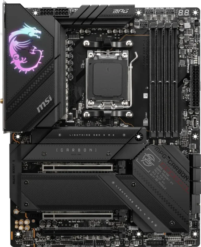 MSI MPG X670E CARBON WIFI AM5 ATX Motherboard – AMD X670E Chipset, Socket AM5 for Ryzen 7000/8000 Series, DDR5 Dual-Channel up to 7800+ MHz (OC), 4x M.2 (PCIe 5.0 & PCIe 4.0), PCIe 5.0 x16, Wi-Fi 6E & Bluetooth 5.2, 2.5G LAN, USB 3.2 Gen2x2 Type-C & Lightning USB 20G, Mystic Light RGB - Featured Image