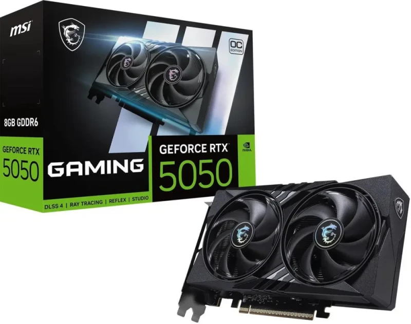 MSI GAMING OC GeForce RTX 5050 8GB Black 202 mm Graphics Card – NVIDIA GeForce RTX 5050 GPU, 2560 CUDA Cores, 8 GB GDDR6 128-bit Memory, PCIe 5.0 x16 (uses x8), Boost ~2632 MHz, MSI TWIN FROZR 10 Dual-Fan Cooling, 1x HDMI 2.1b & 3x DisplayPort 2.1b, 130 W, Compact Full-Height Design for 1080p/1440p Gaming - Featured Image