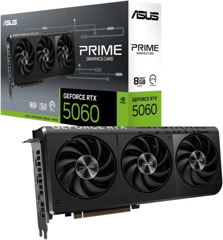 ASUS PRIME GeForce RTX 5060 8GB Black – NVIDIA Next-Gen GPU, 8GB GDDR6, Boost Clock up to 2550 MHz, Triple-Fan PRIME Cooling, Factory Overclock, Ray Tracing & DLSS, PCIe 4.0, HDMI/DP Outputs, 268 mm - Featured Image