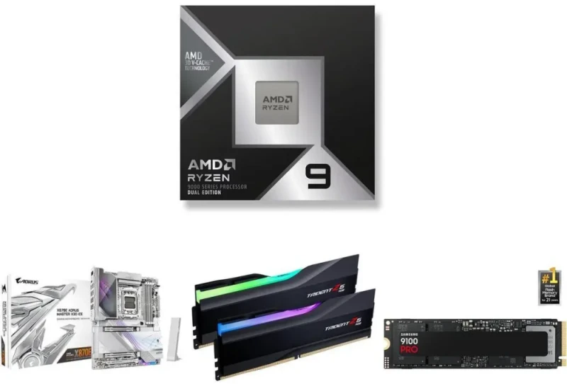 AMD Ryzen 9 9950X3D2 Dual Edition CPU + GIGABYTE X870E AORUS MASTER ICE Motherboard + G.SKILL Trident Z5 RGB 32GB (2x16GB) DDR5 6000 CL36 Memory + Samsung 990 PRO 2TB PCIe 4.0 NVMe M.2 SSD Bundle - Featured Image