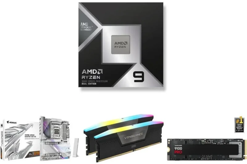 AMD Ryzen 9 9950X3D2 CPU + GIGABYTE X870E AORUS MASTER ICE Motherboard + Corsair Vengeance 32GB (2x16GB) DDR5 6000 CL36 Memory + Samsung 990 PRO 2TB PCIe 4.0 NVMe M.2 SSD Bundle - Featured Image