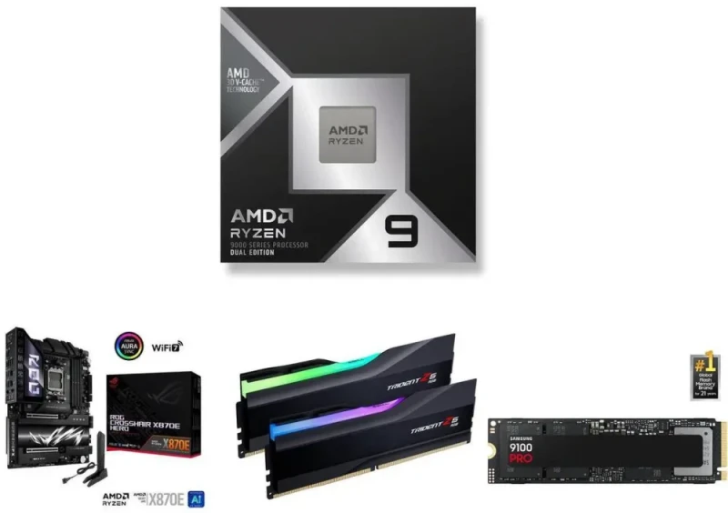 AMD Ryzen 9 9950X3D2 CPU + ASUS ROG CROSSHAIR X870E HERO Motherboard + G.SKILL Trident Z5 RGB 32GB (2x16GB) DDR5 6000 CL36 Memory + Samsung 990 PRO 2TB PCIe 4.0 NVMe M.2 SSD Bundle - Featured Image