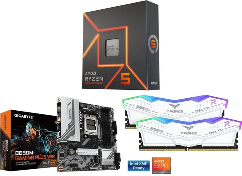 AMD Ryzen 5 7600X CPU + GIGABYTE B650M GAMING PLUS WIFI Motherboard + TeamGroup T-Force Vulcan 16GB (2x8GB) DDR5 6000 CL38 Memory Bundle - Featured Image