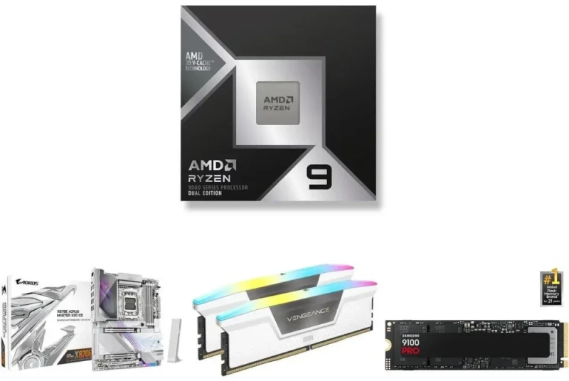 AMD Combo - AMD Ryzen 9 9950X3D2 CPU / Gigabyte X870E Aorus Master Ice Motherboard / Corsair Vengeance RGB 32GB (2 x 16GB) DDR5 Memory / Samsung 9100 Pro 2TB SSD - Featured Image