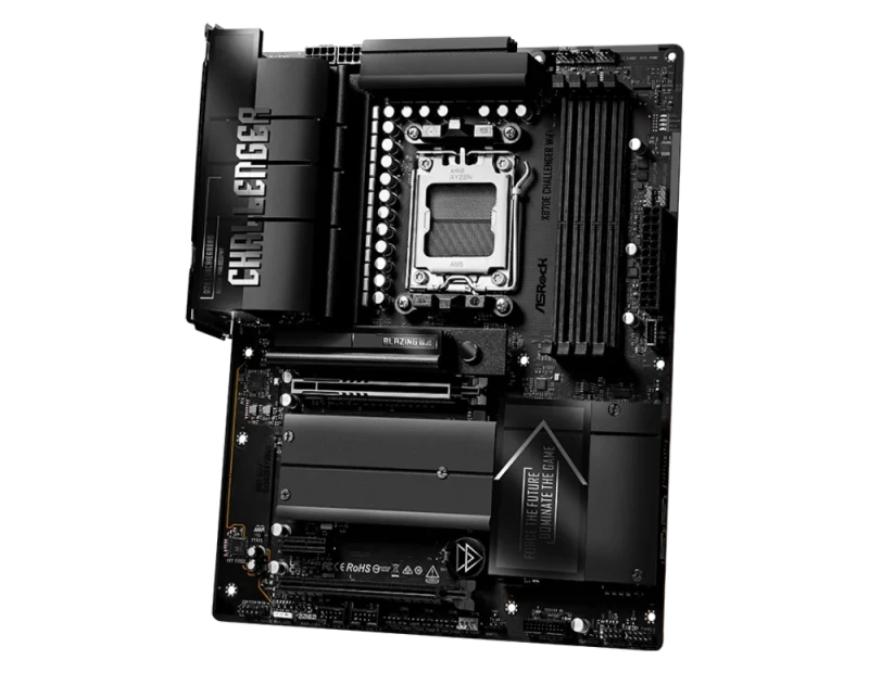 ASRock X870E Challenger WiFi - AMD X870E ATX motherboard, AM5 socket (Ryzen 7000/8000/9000 support), DDR5 dual-channel up to 256GB (8200+ MT/s OC), PCIe 5.0 x16 GPU slot + PCIe 5.0 NVMe support, 20+2+1 phase VRM 110A SPS, 8-layer low-loss PCB, Wi-Fi 7 (802.11be) + Bluetooth, 5GbE LAN, dual USB4 Type-C 40Gbps, HDMI 2.1, multiple M.2 Gen5/Gen4 slots, RGB headers, BIOS Flashback, toolless M.2 install - Featured Image